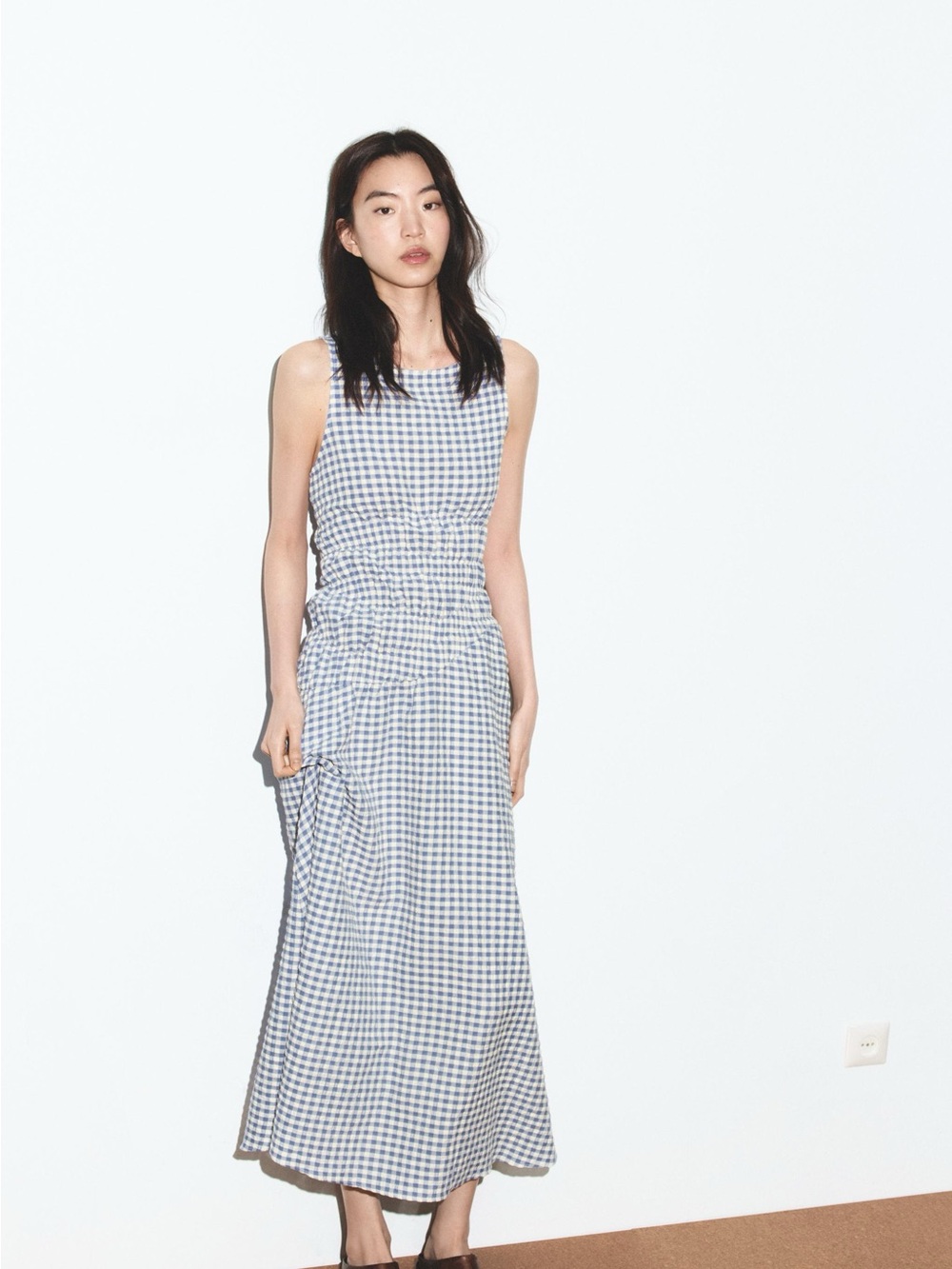 Zara Blue and White Gingham Midi Dress